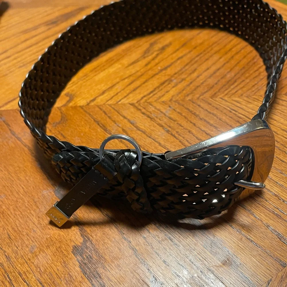 MICHAEL KORS S Black Bonded Leather Weave Belt Silver Horse Bit Buckle
